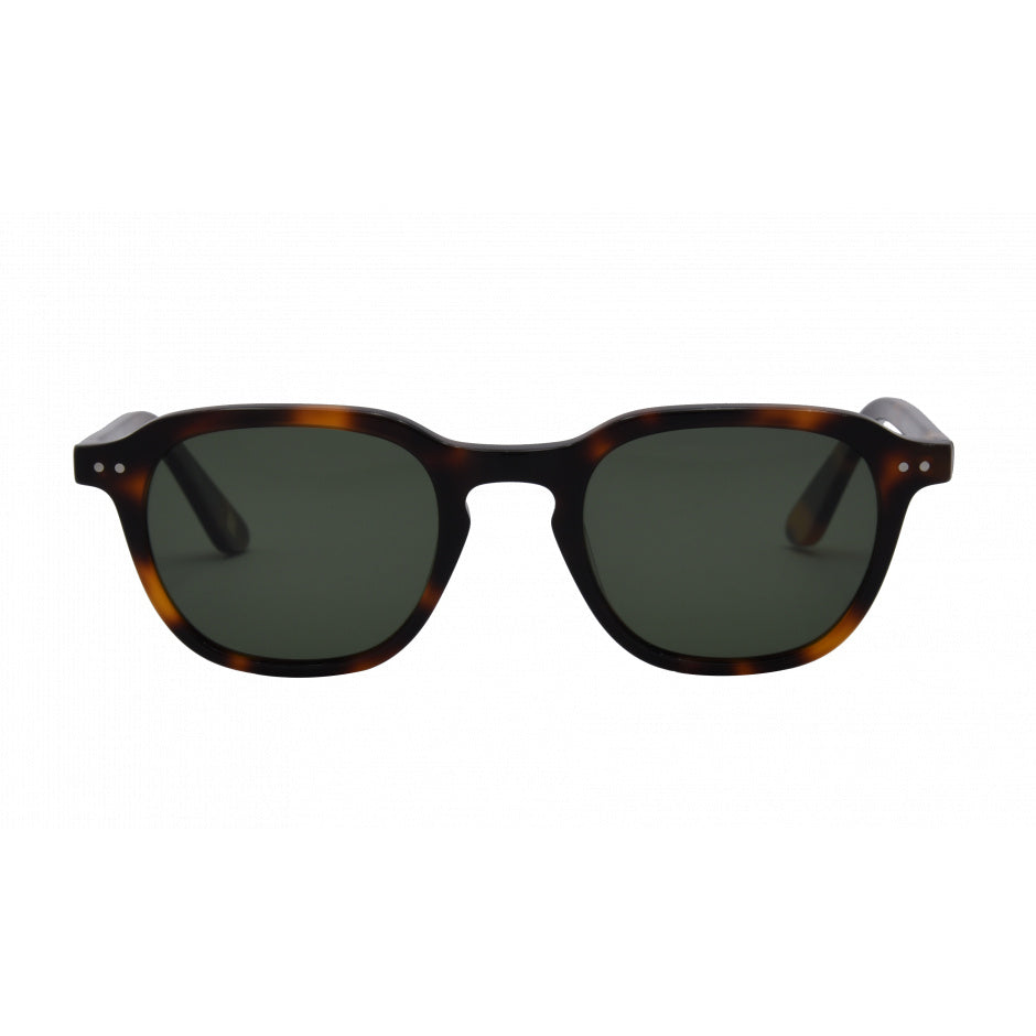 Sunglasses with tortoiseshell frame and dark lenses on a white background.
Tort / Green Polarized Lens