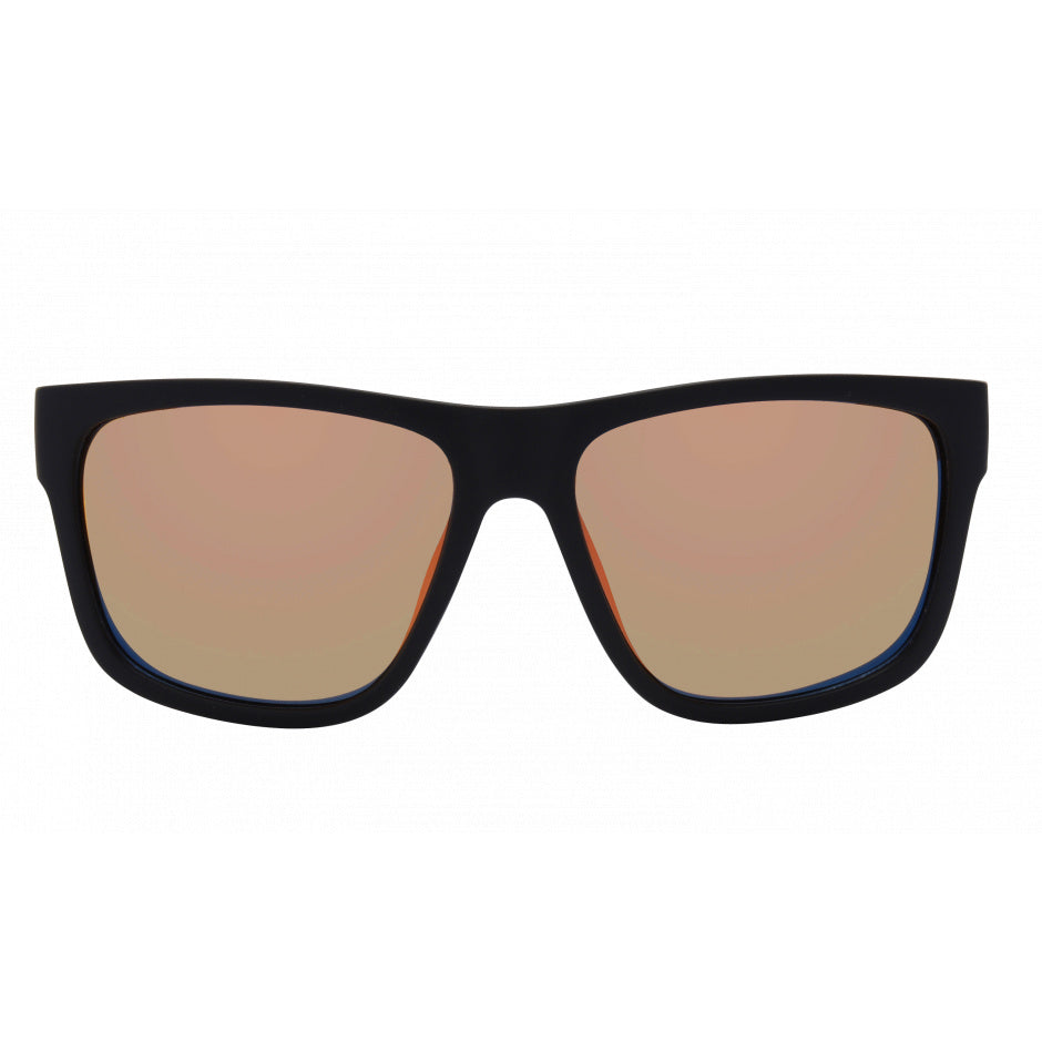 Black-framed sunglasses with brown lenses on a white background.
BLACK / ROSE POLARIZED LENS