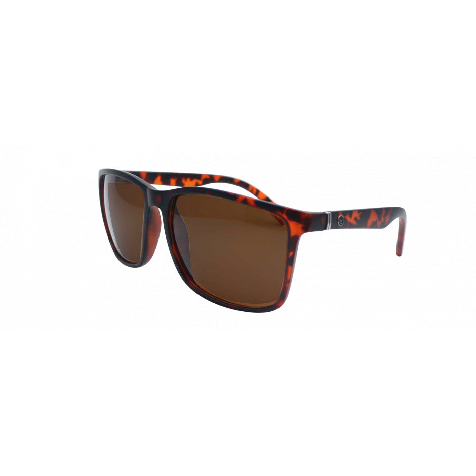 Sunglasses with tortoiseshell frame and brown lenses on a white background.
TORT / BROWN POLARIZED LENS
