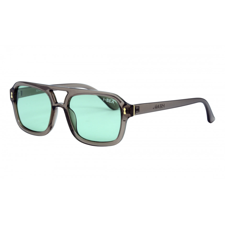 Sunglasses with green lenses and a dark frame on a white background.
GREY / MINT LENS