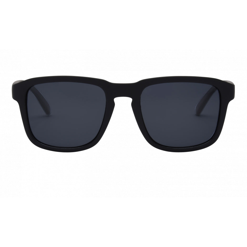 Black sunglasses with dark lenses on a white background.
BLACK / SMOKE POLARIZED LENS