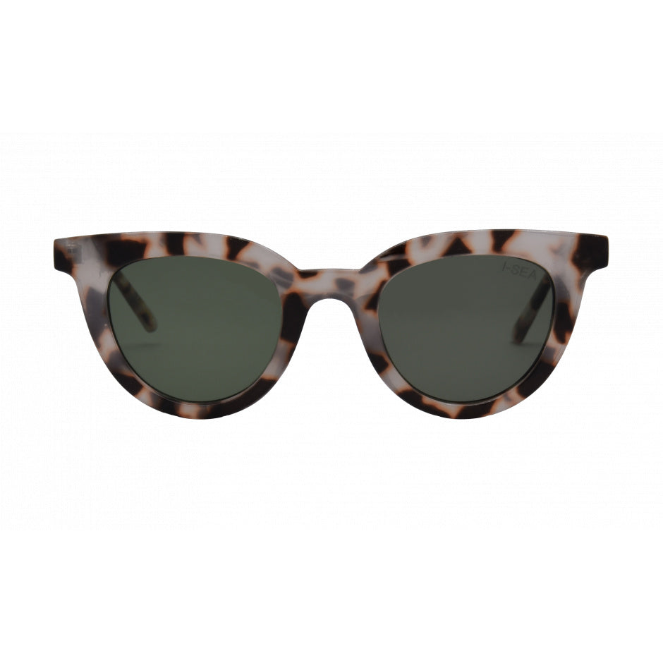 Tortoiseshell cat-eye sunglasses with dark lenses on a white background.
Snow Tort / Smoke Polarized