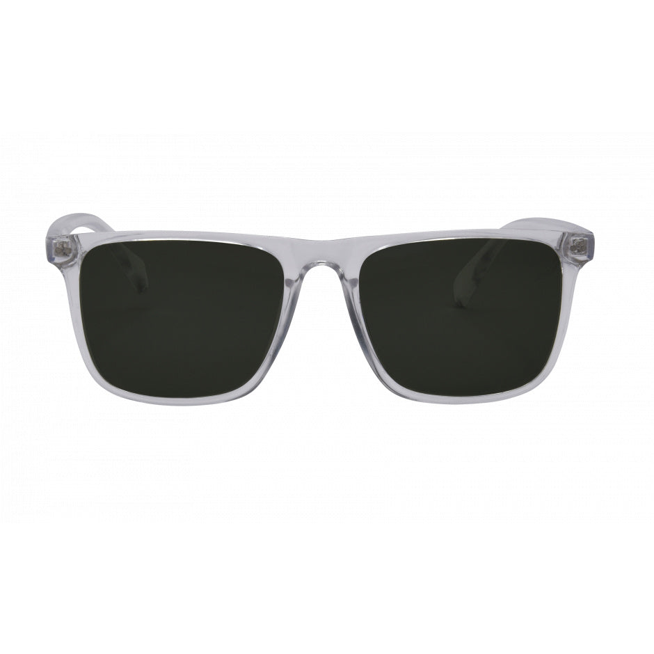 Sunglasses with clear frame and dark lenses on a white background.
GREY / SMOKE POLARIZED LENS