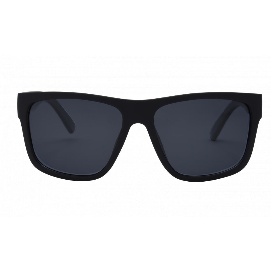 Black sunglasses with dark lenses on a white background.
BLACK / SMOKE POLARIZED LENS