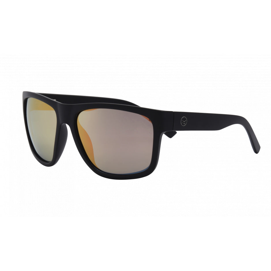 Black sunglasses with reflective lenses on a white background.
BLACK / ROSE POLARIZED LENS