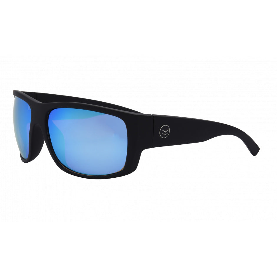 Black sunglasses with blue lenses on a white background.
BLACK / BLUE MIRROR POLARIZED LENS