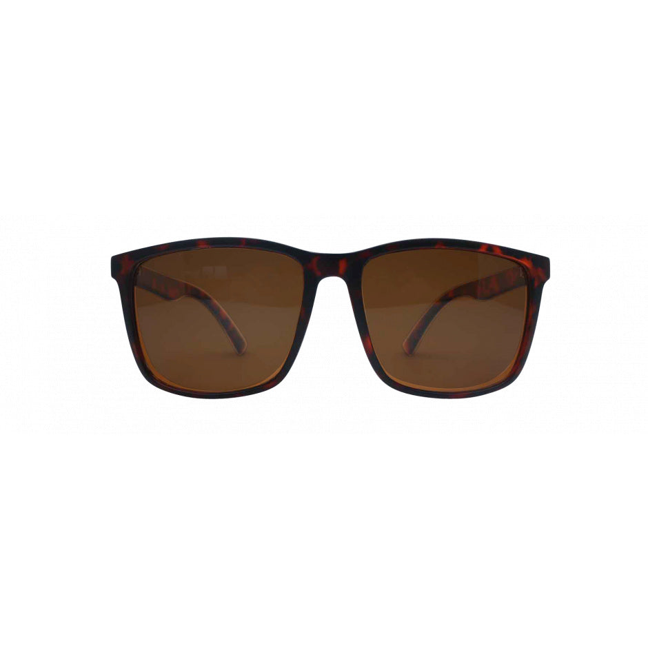 Sunglasses with brown lenses and black frame on a white background.
TORT / BROWN POLARIZED LENS