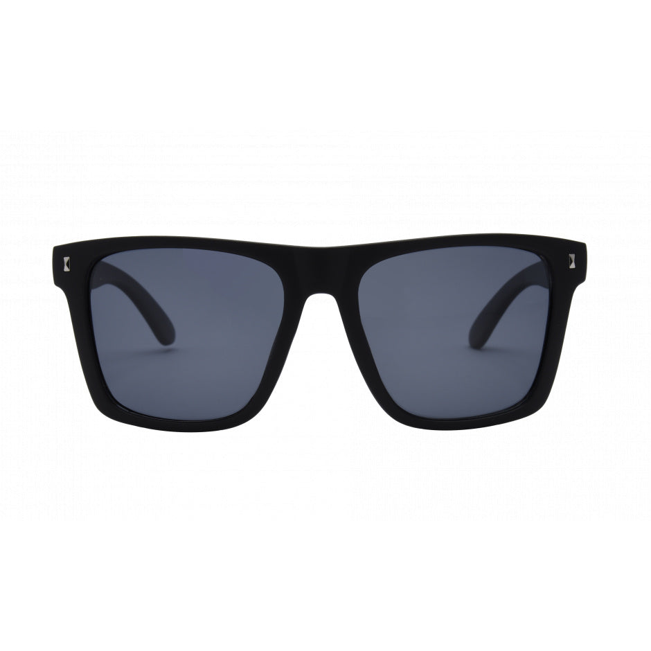Black sunglasses with dark lenses on a white background.
BLACK / SMOKE POLARIZED LENS