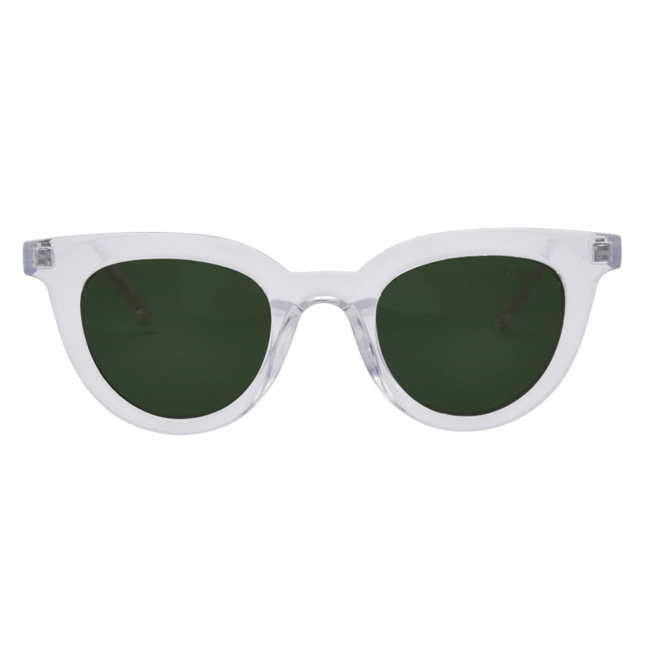 Clear frame sunglasses with green lenses on a white background.
Clear / Green Polarized Lens