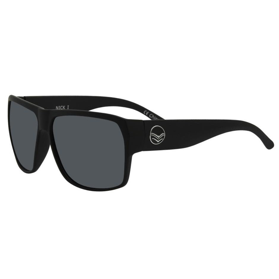 Black sunglasses with a logo on the arm against a white background.
SOFT BLACK / SMOKE POLARIZED LENS