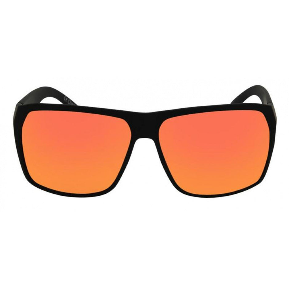 Sunglasses with black frame and orange-red lenses on a white background.
BLACK RUBBER / RED MIRROR POLARIZED LENS