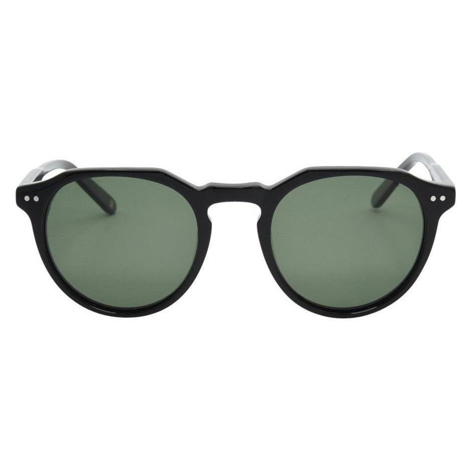 Black sunglasses with green lenses on a white background.
BLACK ACETATE / GREEN POLARIZED LENS