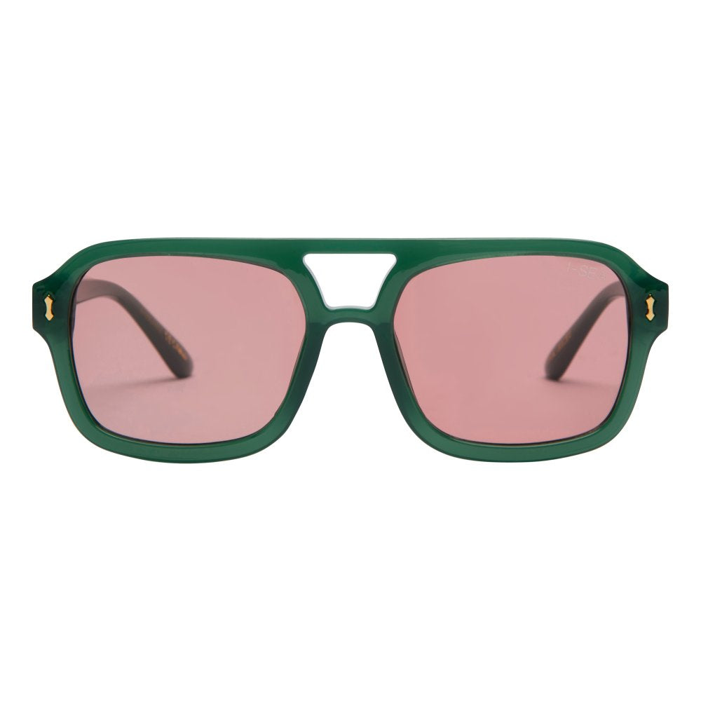 Green sunglasses with pink lenses on a white background.
KALE / TANGERINE LENS