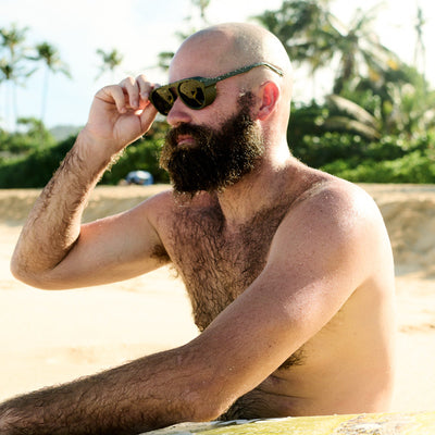 Man with a beard and sunglasses on a beach