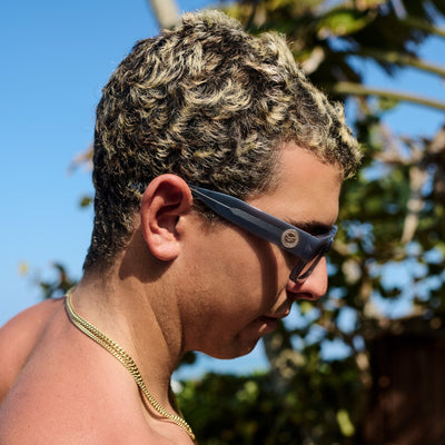 Person wearing sunglasses with a blurred natural background.
GREY / SMOKE POLARIZED LENS
