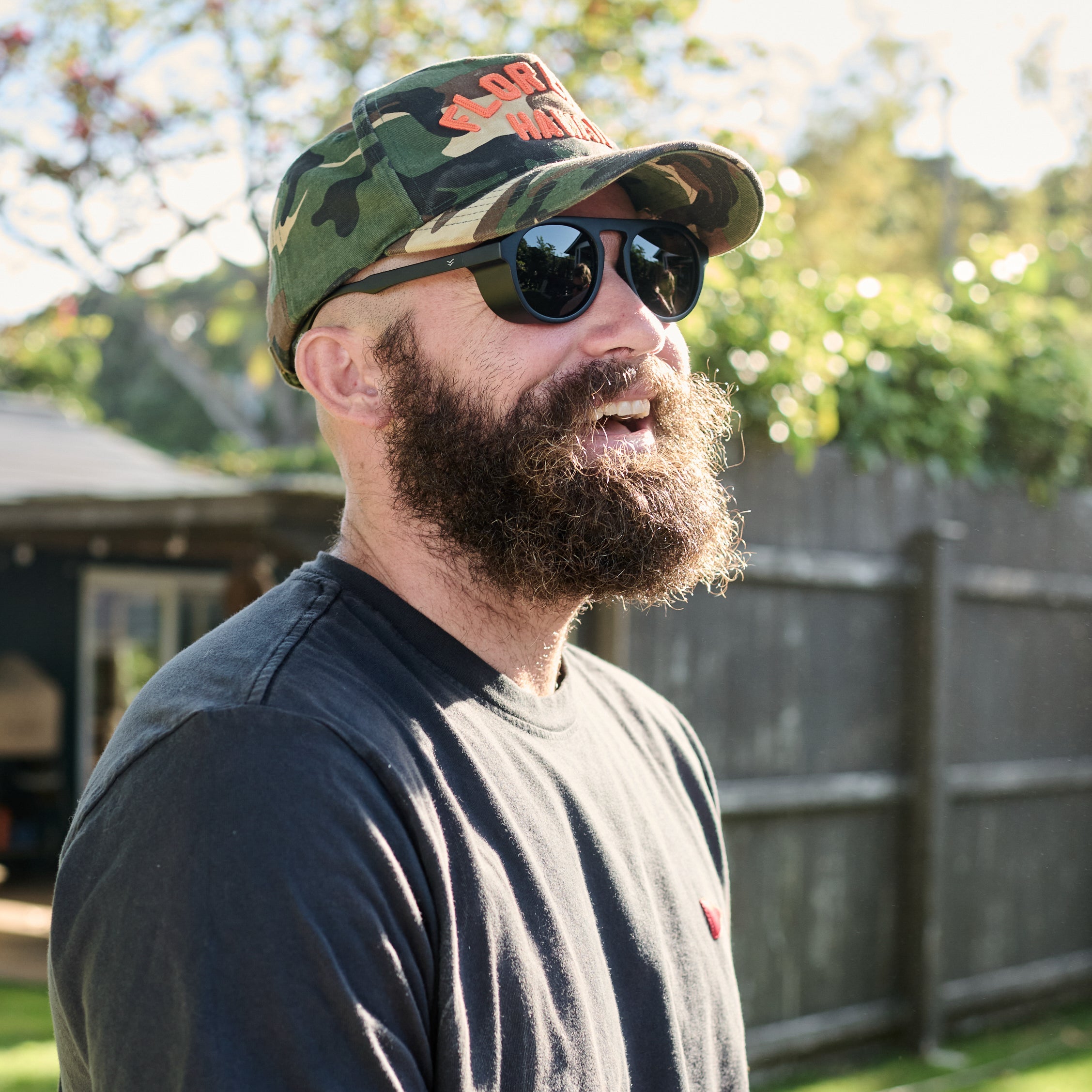 Man wearing a camouflage cap and sunglasses outdoors