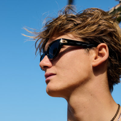 Person wearing sunglasses with a clear blue sky background.
BLACK / SMOKE POLARIZED LENS