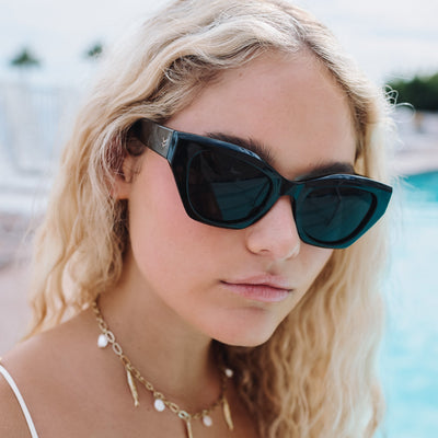 Woman wearing dark sunglasses with a blurred outdoor background.
BLACK / SMOKE POLARIZED LENS