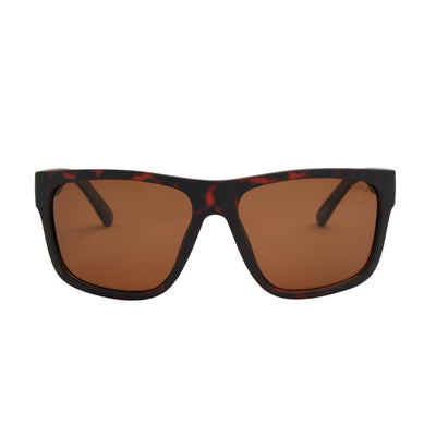 Sunglasses with black frame and brown lenses on a white background.
TORT / BROWN POLARIZED LENS