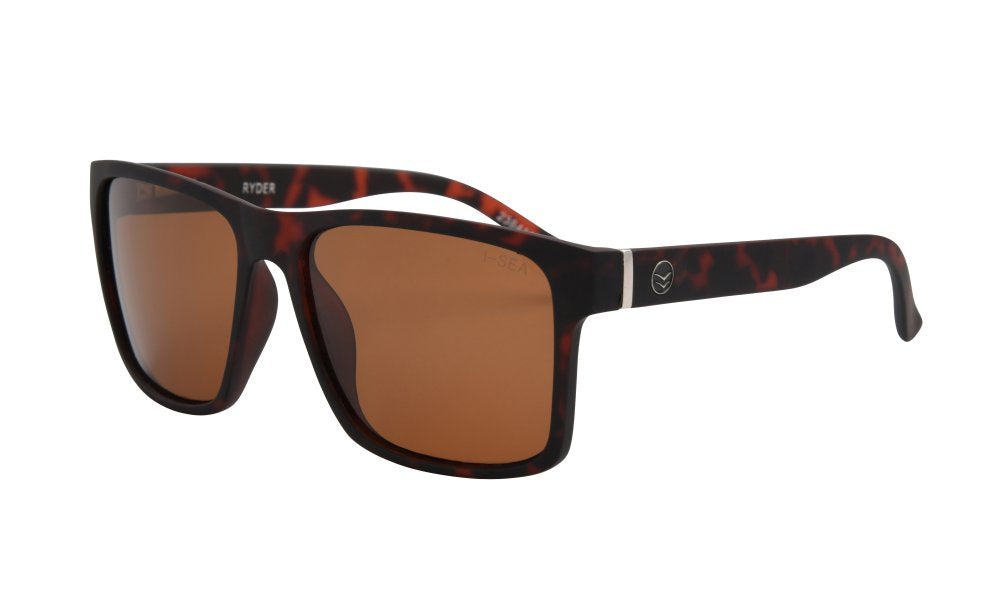 Sunglasses with brown lenses and black frame on a white background.
TORT / BROWN POLARIZED LENS
