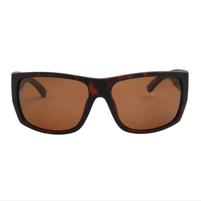 Sunglasses with brown lenses and black frame on a white background.
TORT / BROWN POLARIZED LENS