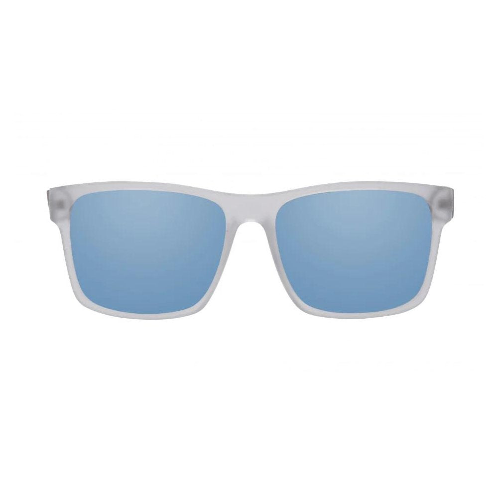 Sunglasses with white frame and blue lenses on a white background.
CLEAR / BLUE POLARIZED LENS