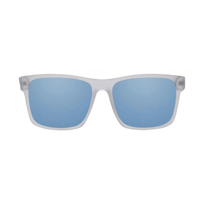 Sunglasses with white frame and blue lenses on a white background.
CLEAR / BLUE POLARIZED LENS