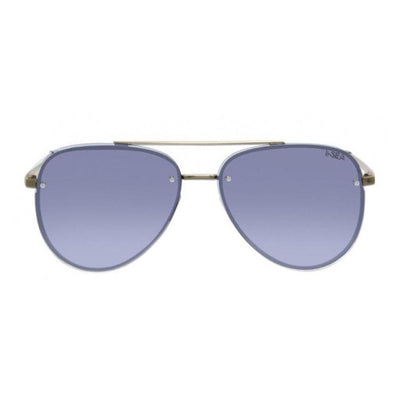 Aviator sunglasses with gold frame and blue lenses on a white background.
GOLD / PERIWINKLE MIRROR LENS
