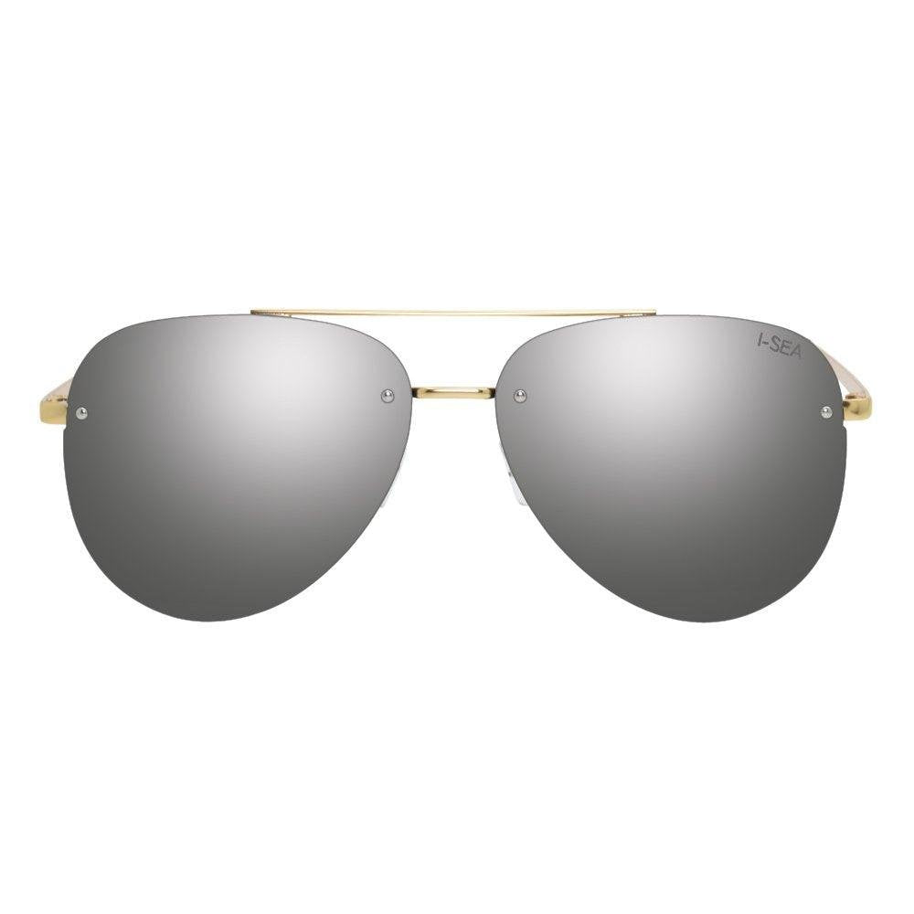Sunglasses with gold frame and silver reflective lenses on a white background.
Silver / Blue Mirror
