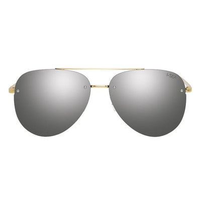 Sunglasses with gold frame and silver reflective lenses on a white background.
Silver / Blue Mirror