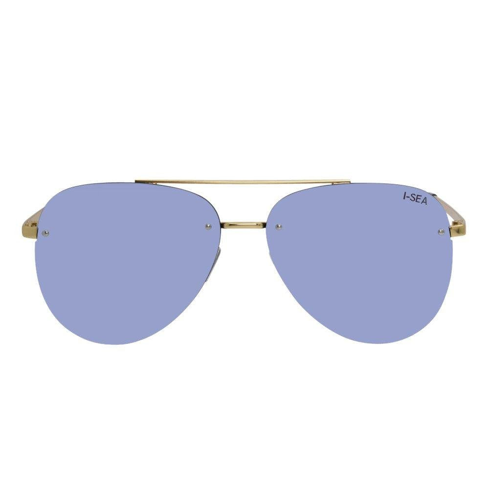 Sunglasses with gold frame and blue lenses on a white background.
GOLD / PERIWINKLE MIRROR LENS