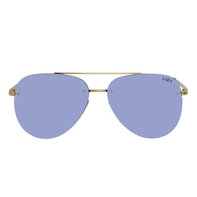 Sunglasses with gold frame and blue lenses on a white background.
GOLD / PERIWINKLE MIRROR LENS