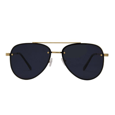 Sunglasses with gold frame and dark lenses on a white background.
GOLD / SMOKE POLARIZED LENS