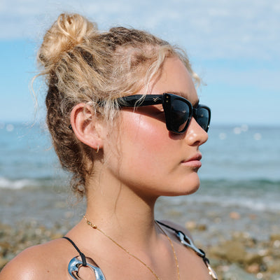 Woman wearing sunglasses with a beach background.
BLACK / SMOKE POLARIZED LENS