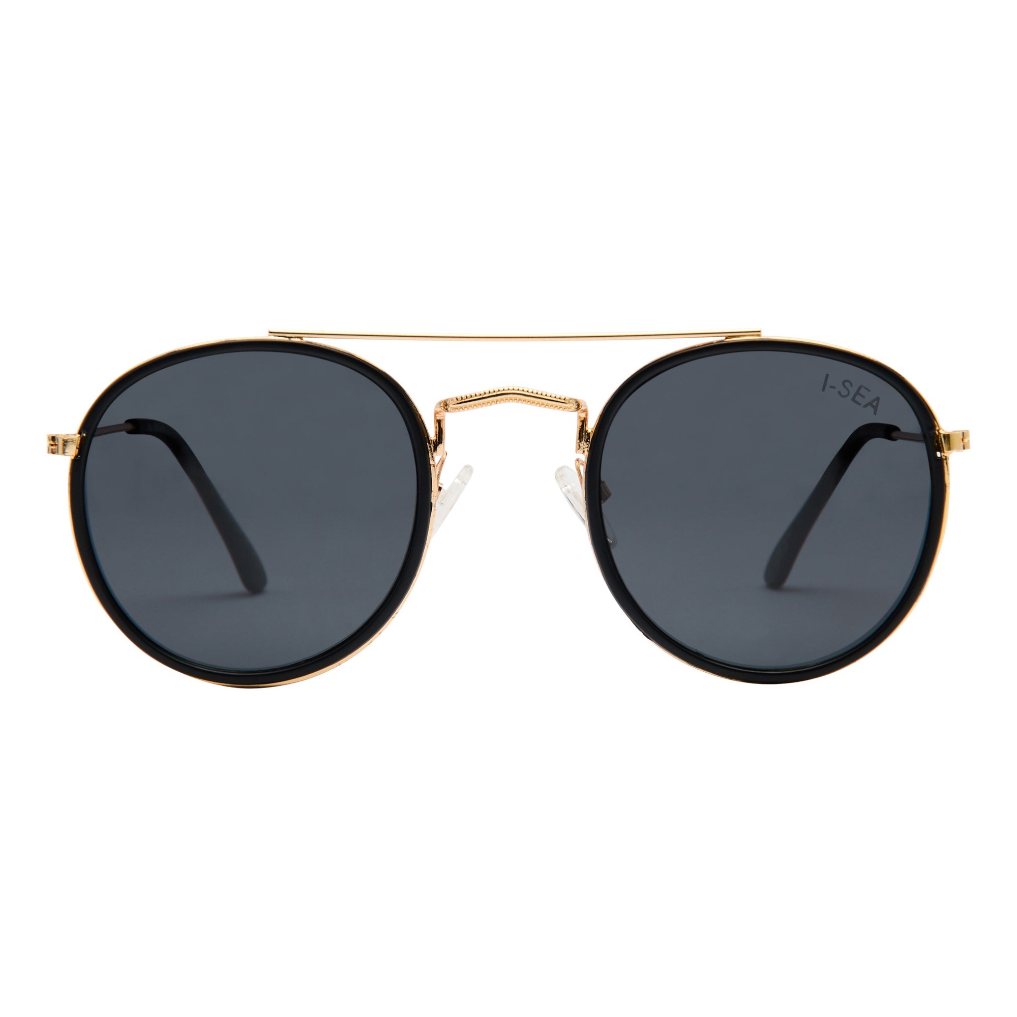 Round sunglasses with gold frame and dark lenses on a white background.
BLACK / SMOKE POLARIZED LENS