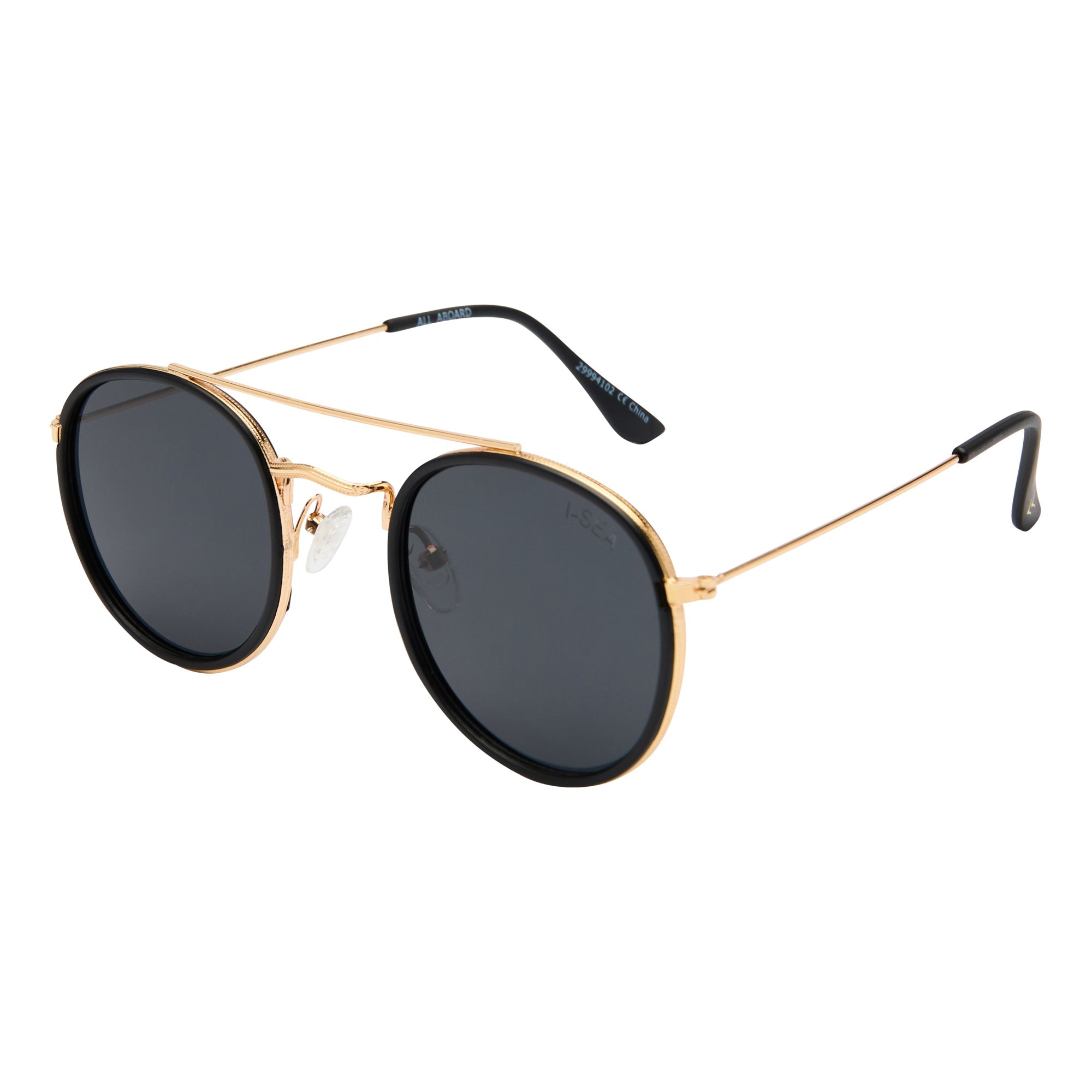 Gold-framed sunglasses with black lenses on a white background.
BLACK / SMOKE POLARIZED LENS