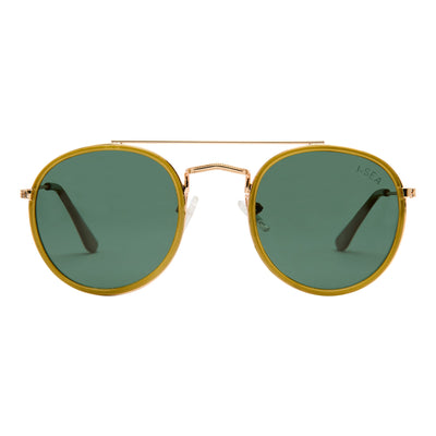 Gold-framed sunglasses with green lenses on a white background.
MOSS / GREEN POLARIZED LENS