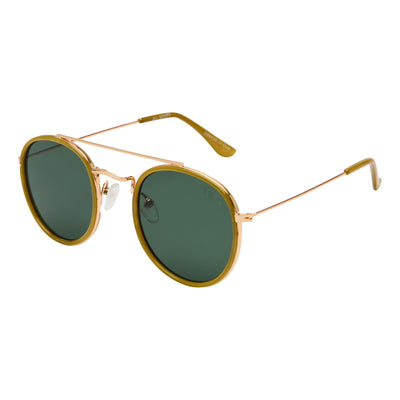 Gold-framed sunglasses with green lenses on a white background.
MOSS / GREEN POLARIZED LENS