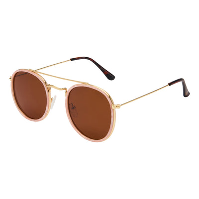 Round sunglasses with gold frame and brown lenses on a white background.
PEARL / BROWN POLARIZED LENS