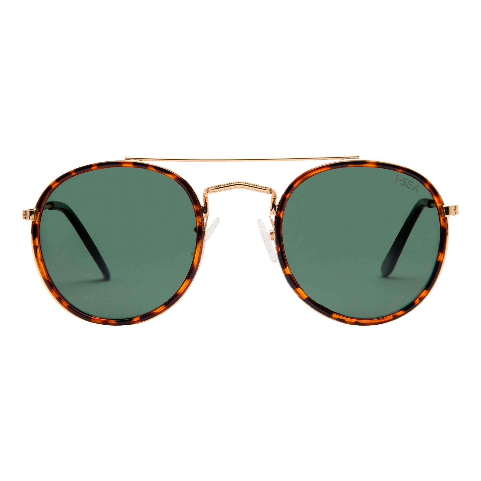 Sunglasses with tortoiseshell frame and green lenses on a white background.
MATTE TORT / GREEN POLARIZED LENS