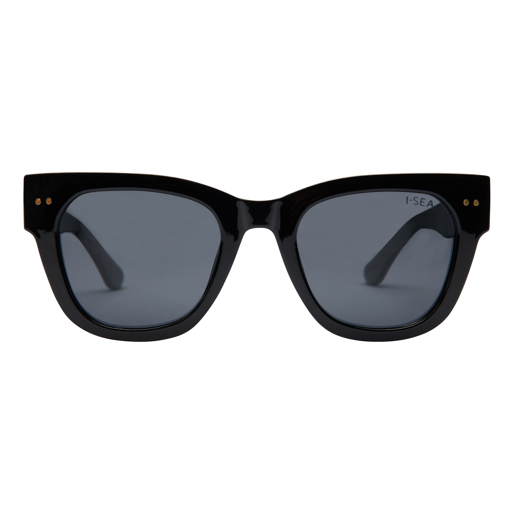 Black sunglasses with dark lenses on a white background.
BLACK / SMOKE POLARIZED LENS