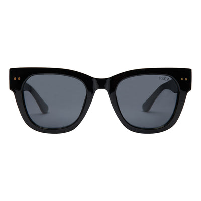 Black sunglasses with dark lenses on a white background.
BLACK / SMOKE POLARIZED LENS