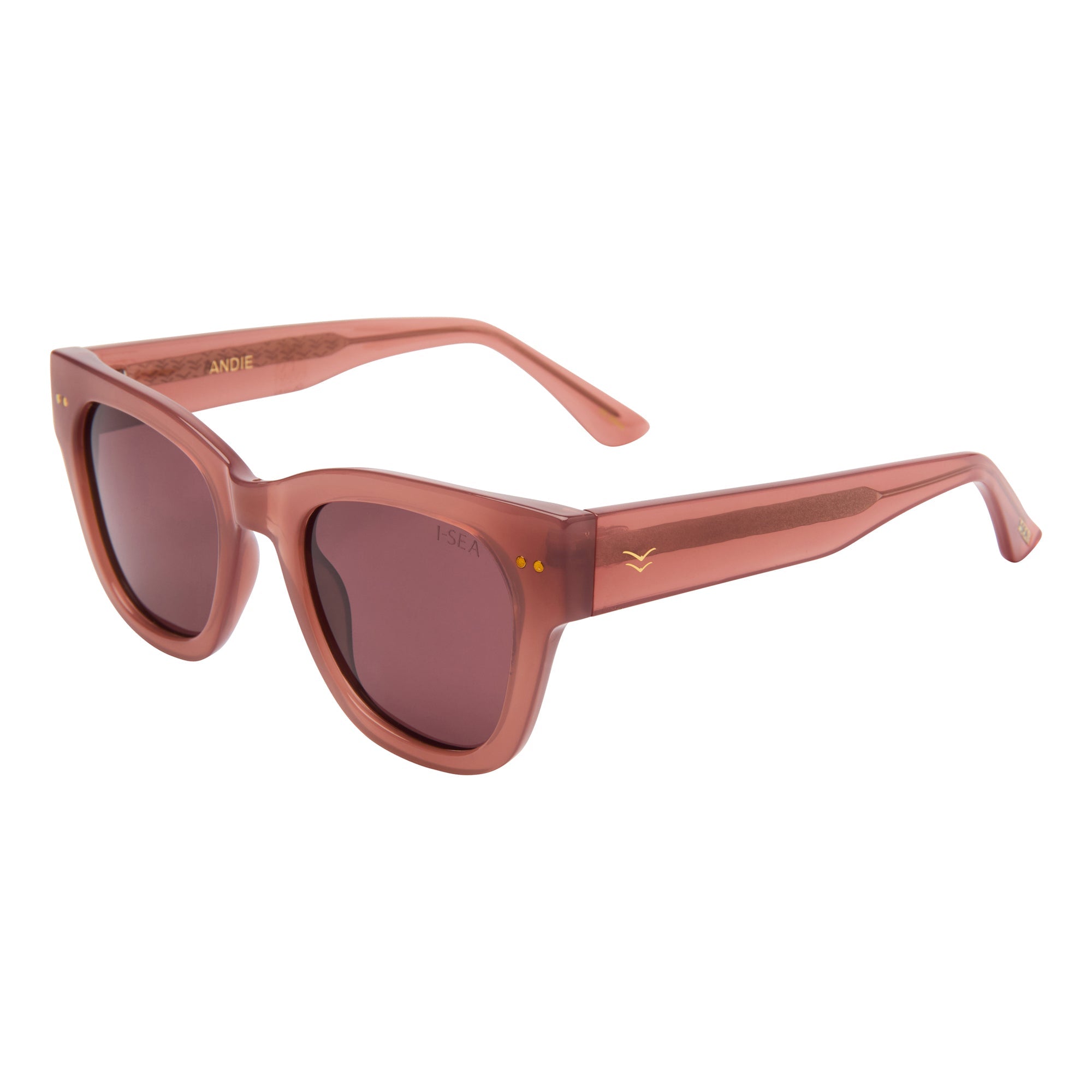 Pink sunglasses with dark lenses on a white background.
DUSTY ROSE / PLUM POLARIZED LENS