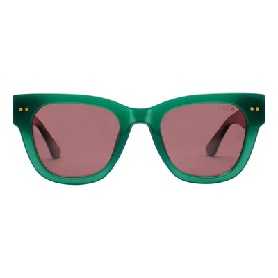 Green sunglasses with pink lenses on a white background.
KALE / PLUM POLARIZED LENS