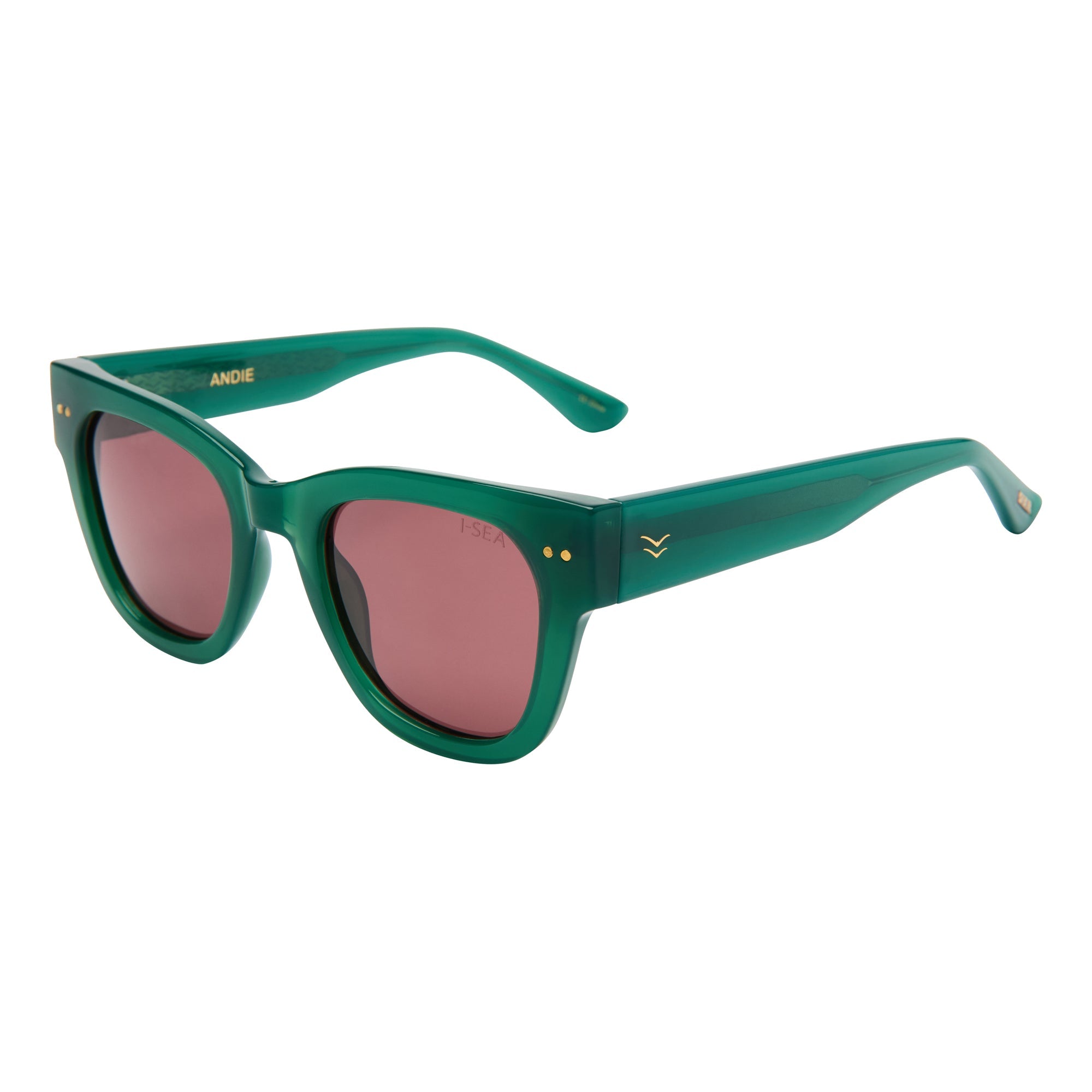 Green sunglasses with pink lenses on a white background.
KALE / PLUM POLARIZED LENS