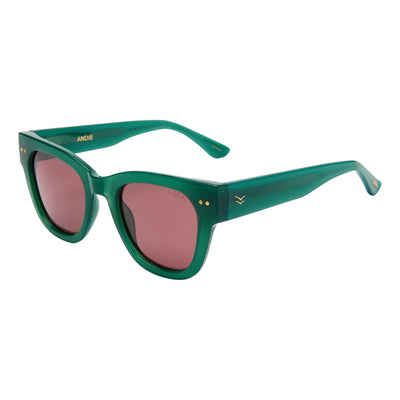 Green sunglasses with pink lenses on a white background.
KALE / PLUM POLARIZED LENS
