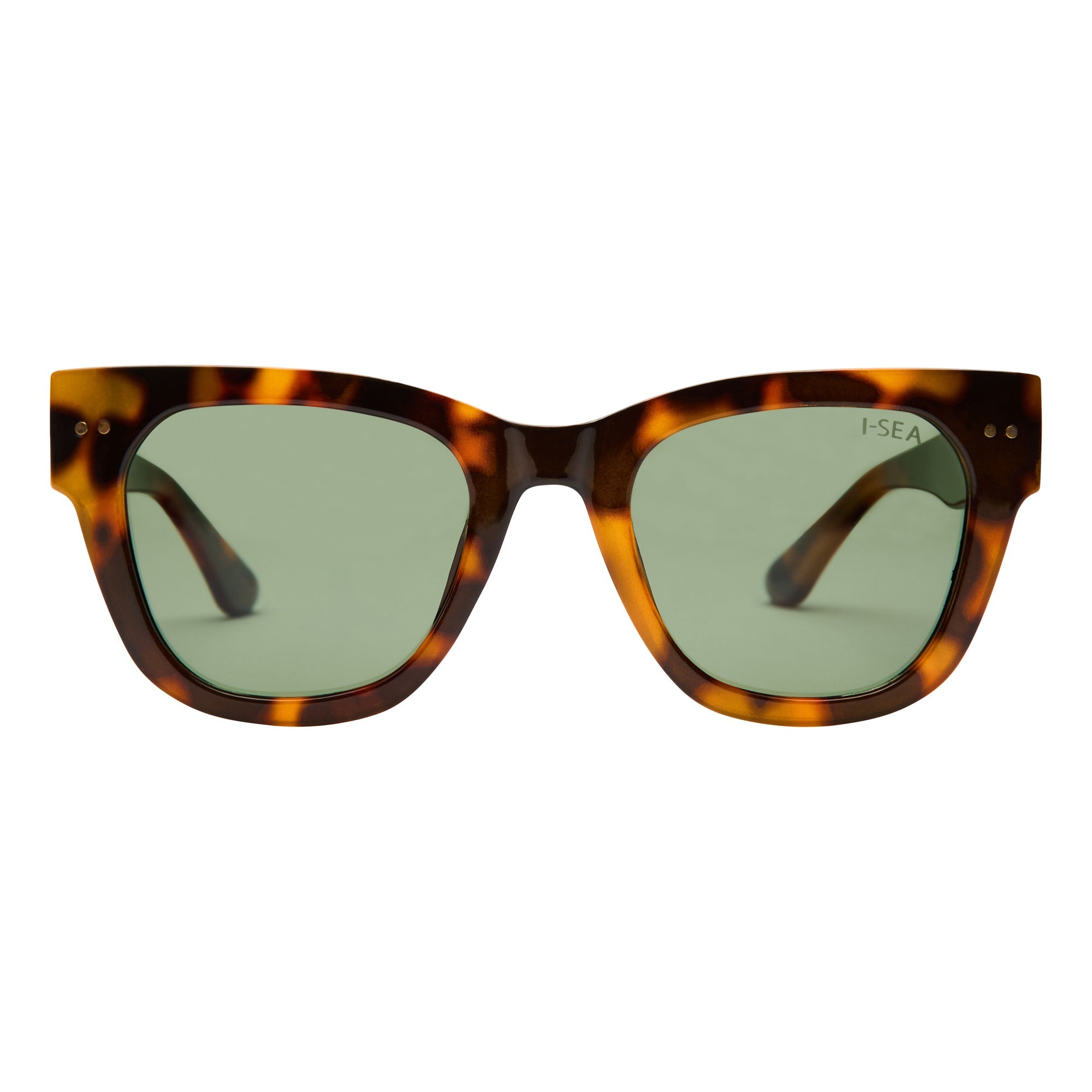 Sunglasses with tortoiseshell frame and green lenses on a white background.
TORT / GREEN POLARIZED LENS