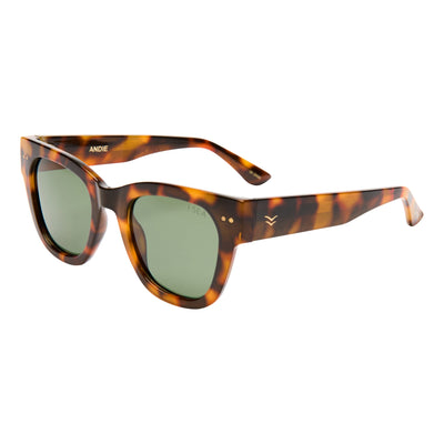 Sunglasses with tortoiseshell frame and green lenses on a white background.
TORT / GREEN POLARIZED LENS