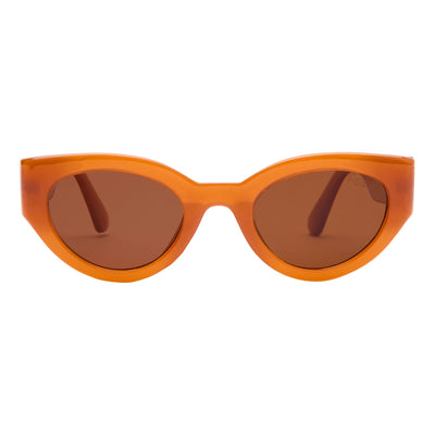 Orange sunglasses with brown lenses on a white background.
APRICOT / BROWN POLARIZED LENS