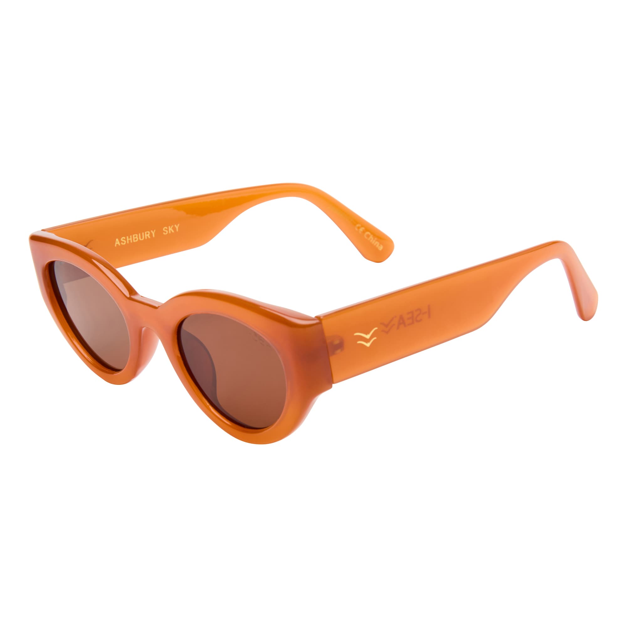 Orange sunglasses with a brand logo on a white background.
APRICOT / BROWN POLARIZED LENS